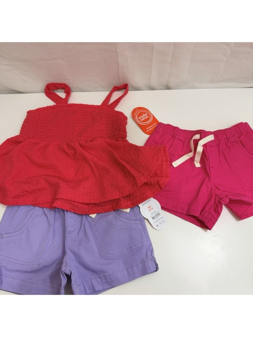 Wonder Nation Girls 3-Piece Summer Set 2 Shorts & 1 Pink Tank XS 4-5